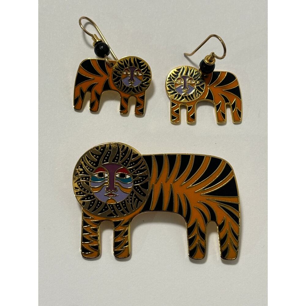 LAUREL BURCH Vintage TIGRE Tiger Brooch / Pin & Earrings Cloisonne Enamel New - Picture 2 of 3